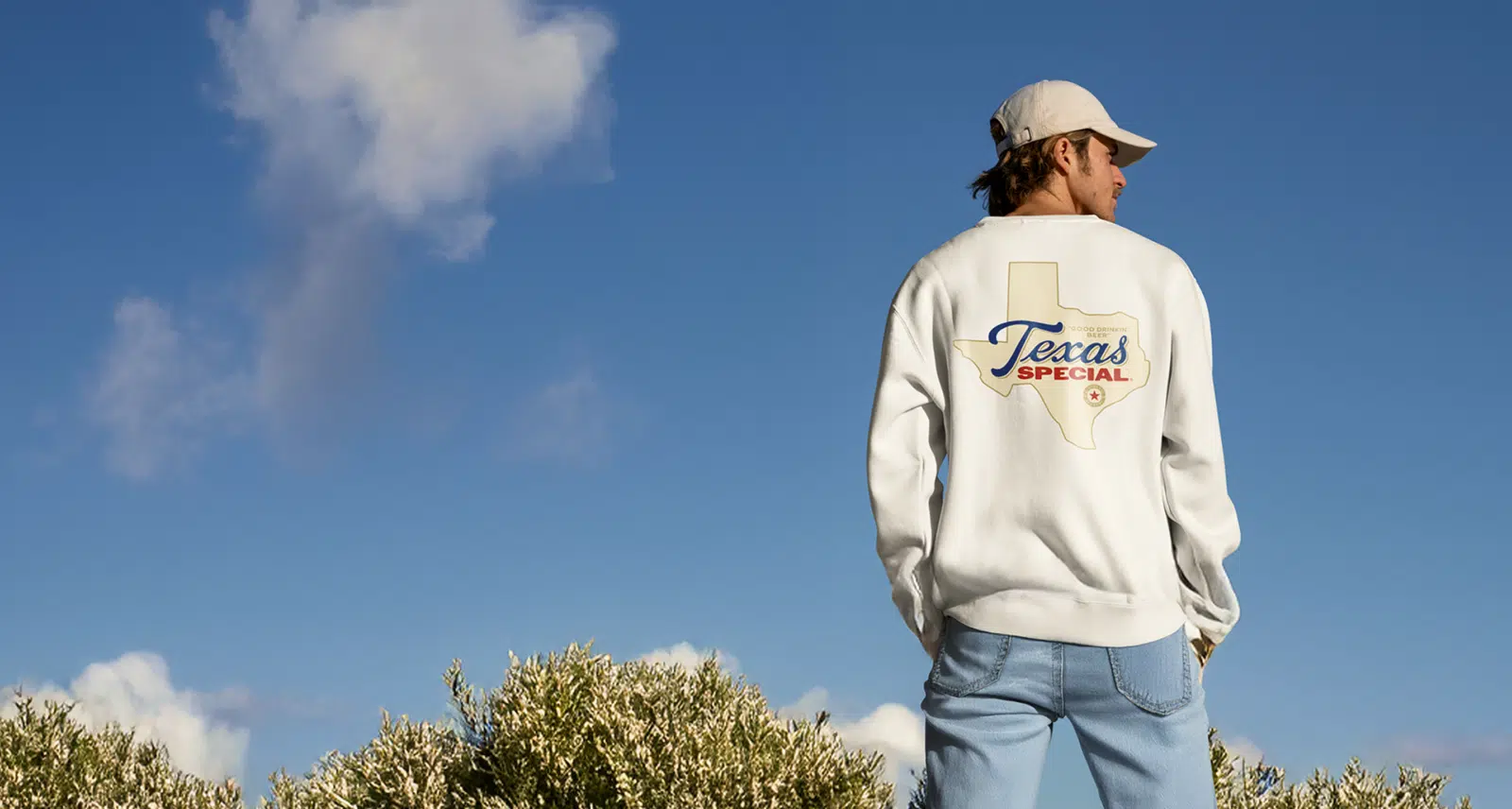 Guy with Texas Special beer hoodie