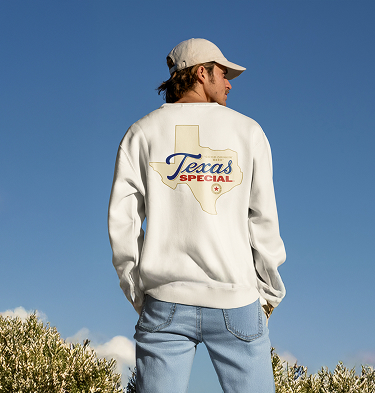 Guy with Texas Special beer hoodie